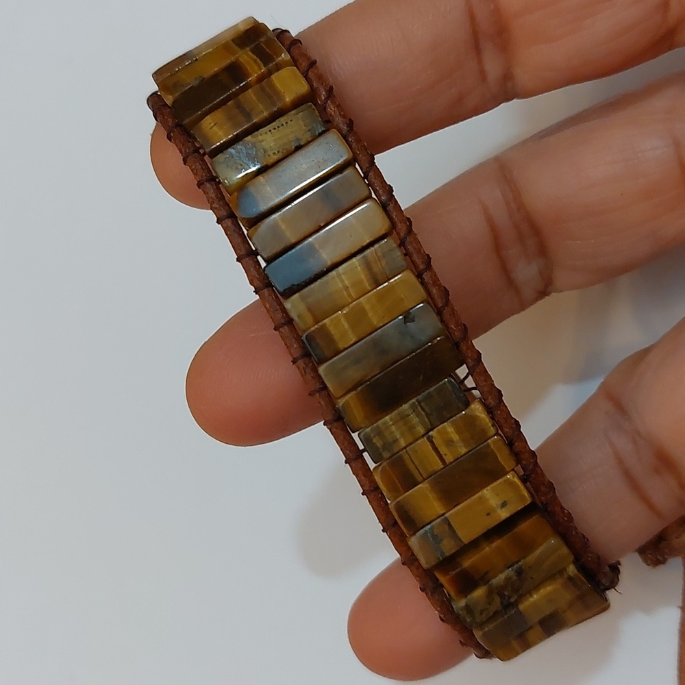 Bohemian Tigers Eye Bar Beads Faux leather Wrap Bracelet - Picture 4 of 5